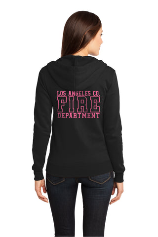 Los Angeles County Fire Department Black/wPink Box 1/C CTY Women's Hooded Zipper Sweatshirt